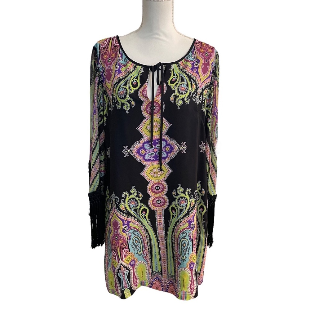 Boston Proper Silk Mini Dress Lined Size XL Black Fringe Summer Boho 70s